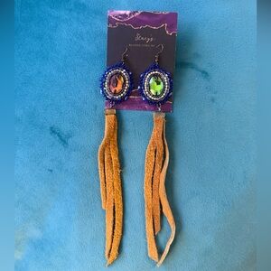 Blue and Tan Hand Beaded Earrings